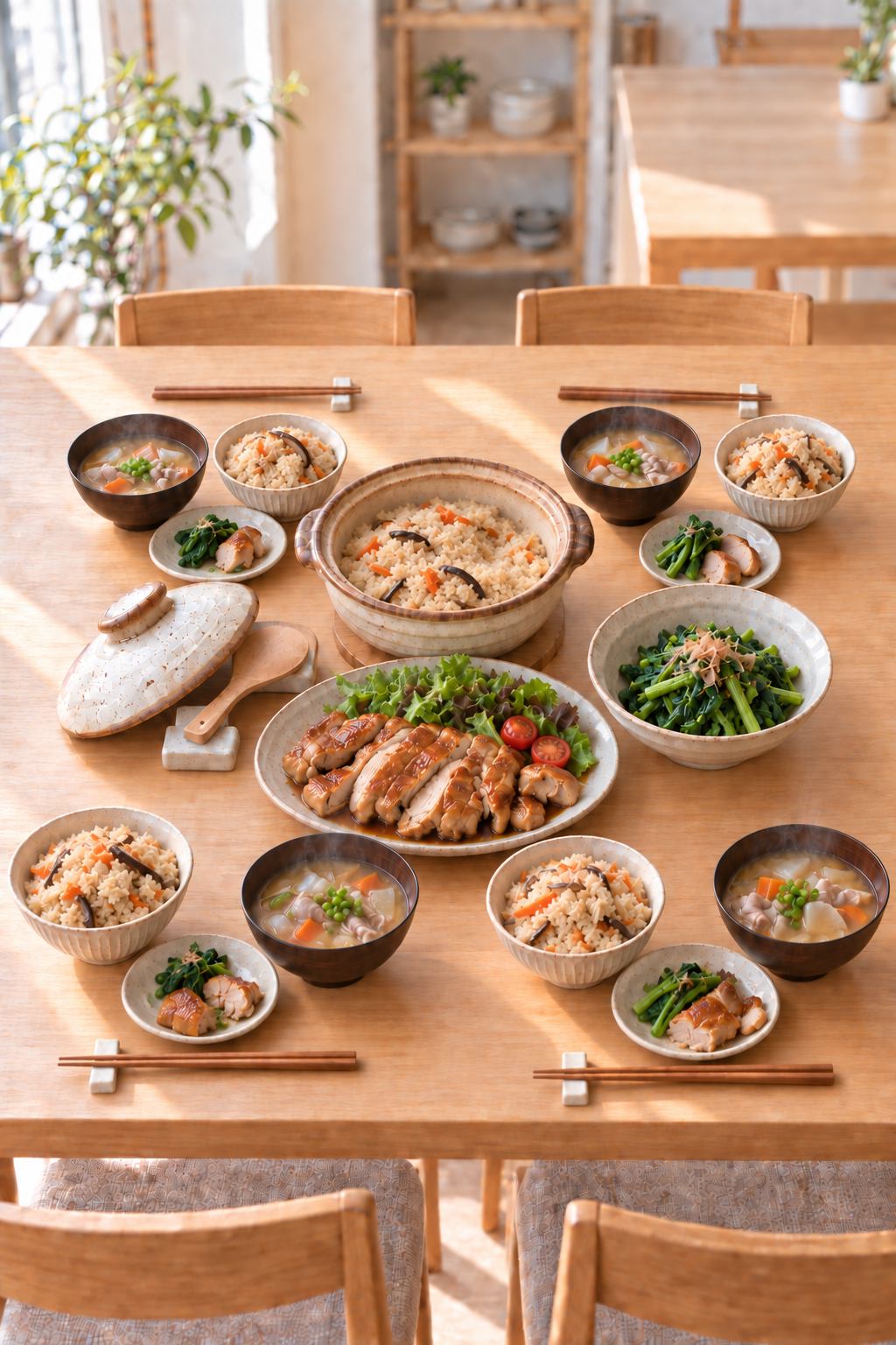 4人分の食卓。炊き込みごはん・豚汁・青菜のおひたし・鶏もも肉の照り焼き