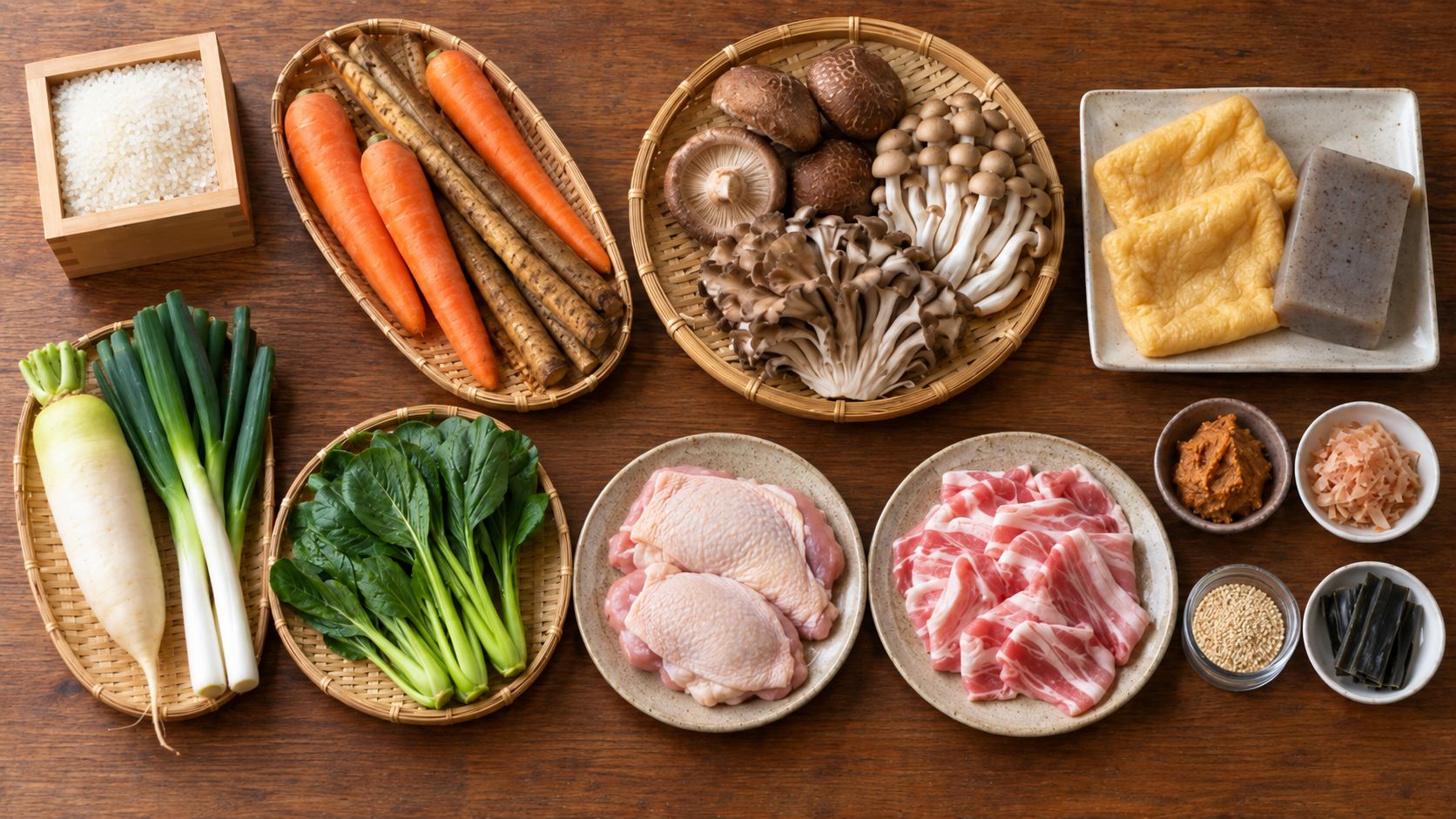 体験で使う材料を並べたところ。米・人参・ごぼう・きのこ・油揚げ・こんにゃく・大根・ねぎ・青菜・鶏もも肉・豚肉・みそなど
